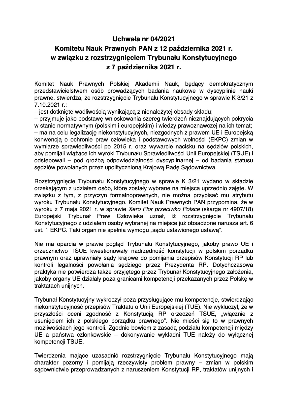 Uchwała KNP PAN nr 4 z 2021 w związku z rozstrzygnięciem Trybunału Konstytucyjnego z 7 października 2021 r.jpg